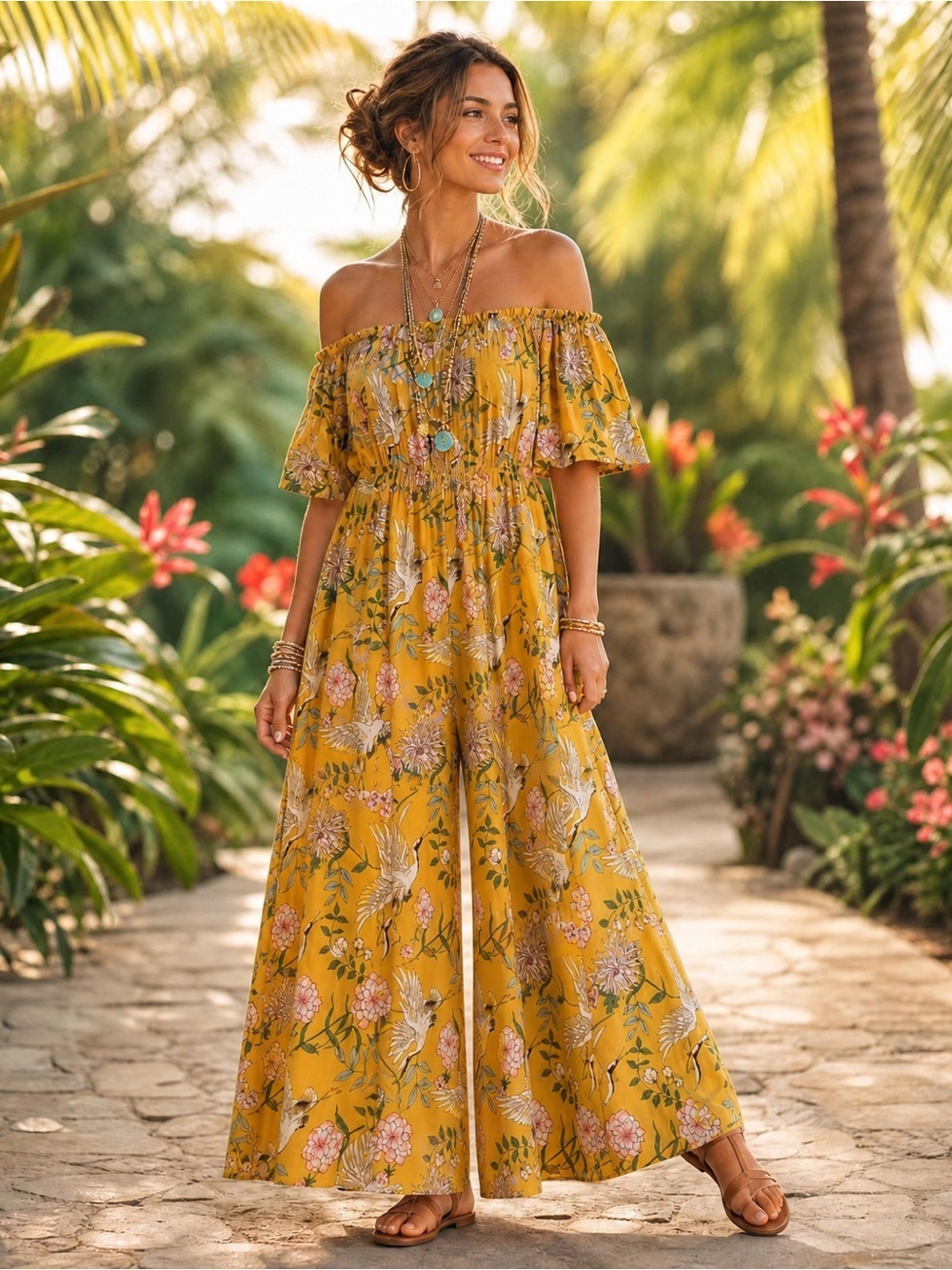 FLYING TOMATO Women’s Extra Small Tropical Floral Wide Leg Jumpsuit